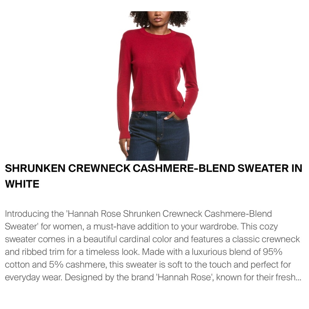 Hannah Rose Cashmere-Blend Cardinal Red Crewneck Sweater